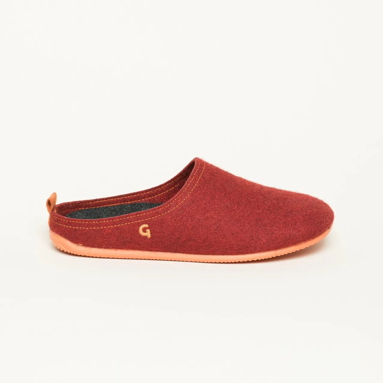 Wool Slide-In Filzpantoffel aus 100% Schurwolle | Hausschuh aus Filz | Hüttenschuh mit Gummisohle | Farbe RE-red/orange Größe 36