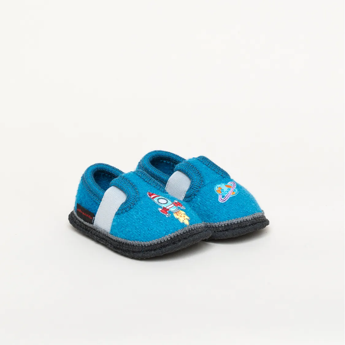 Kitz-Pichler Bobby Appl. Rakete Kinderschuh | Kinder Filz-Hausschuh | Farbe Erpel/Arctic Blue | Kinder-Hausschuh in Größe 33