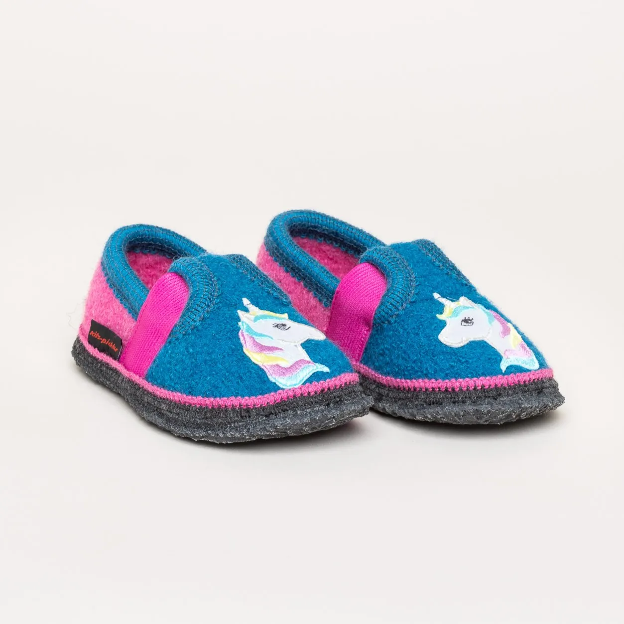 Kitz-Pichler Bobby Appl. Einhorn Kinderschuh | Kinder Filz-Hausschuh | Farbe Arctic Blue/Lippstick | Kinder-Hausschuh in Größe 27